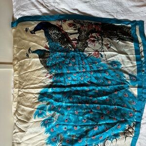 Peacock Print Satin Polyester Square Scarf Blue Cream Multicolor 70x35cm Women